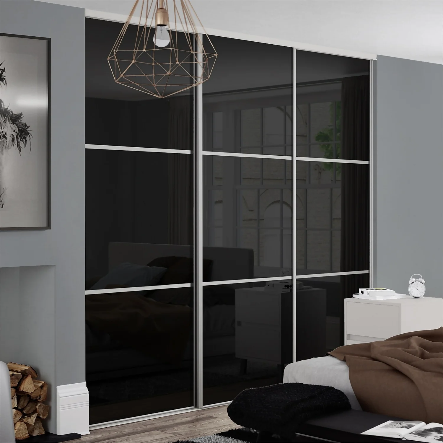 Linear Sliding Wardrobe Door 3 Panel Black Glass With Silver Frame (W)914mm - Image 2