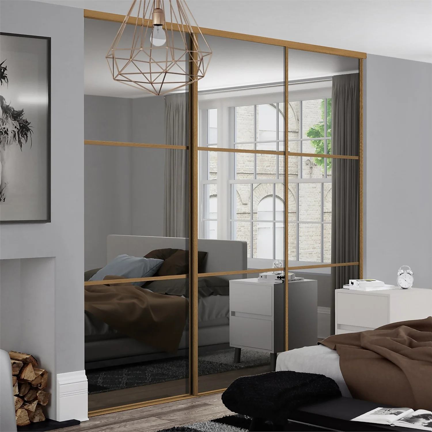 Linear Sliding Wardrobe Door 3 Panel Mirror With Oak Frame (W)610mm - Image 2