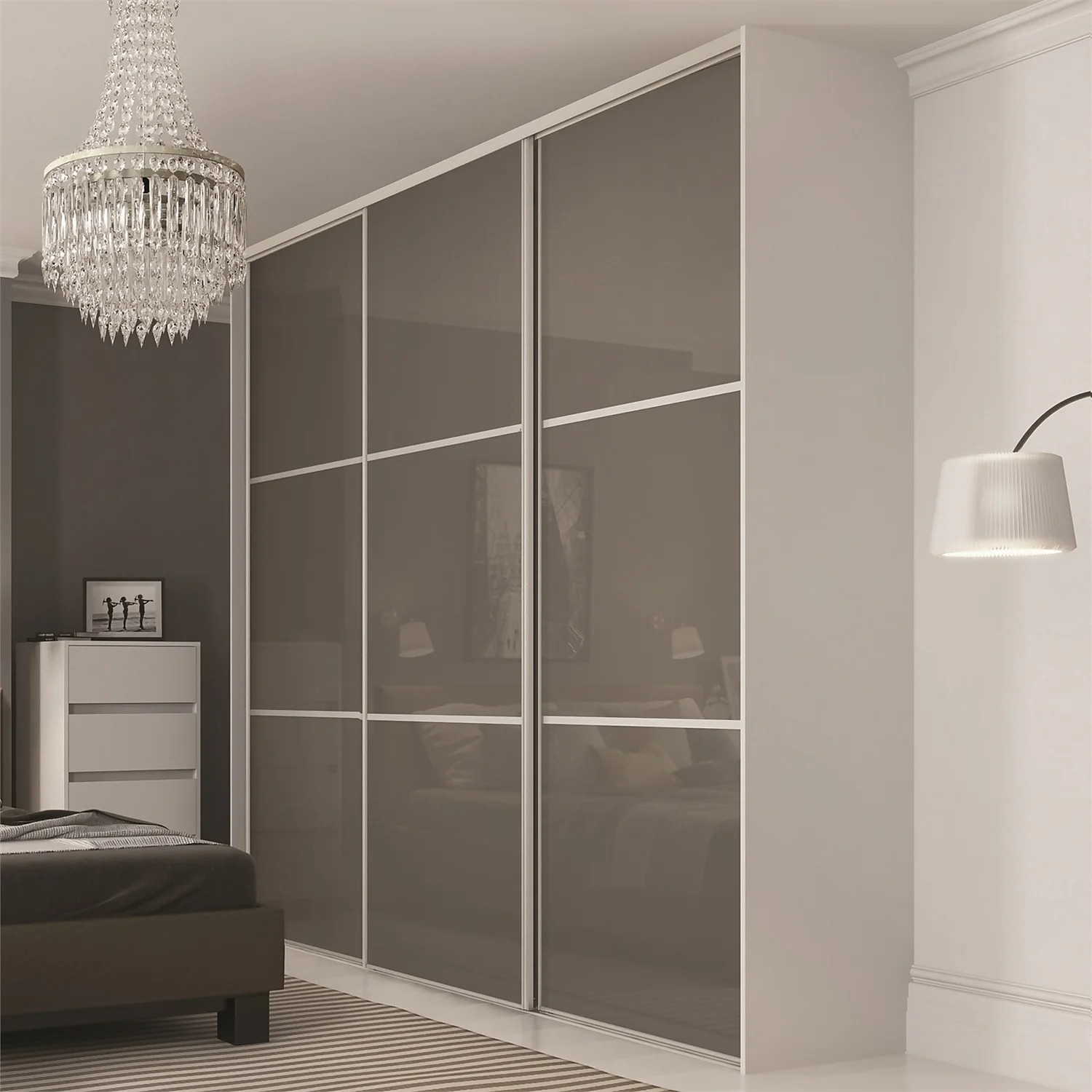 Linear Sliding Wardrobe Door 3 Panel Cappuccino Glass With Silver Frame (W)762mm - Image 2