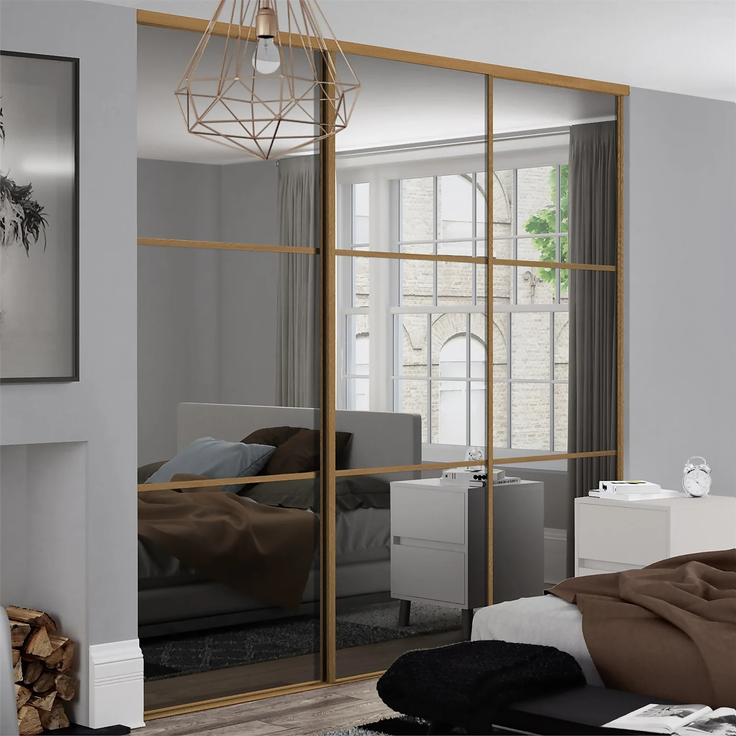 Linear Sliding Wardrobe Door 3 Panel Mirror With Oak Frame (W)762mm - Image 2