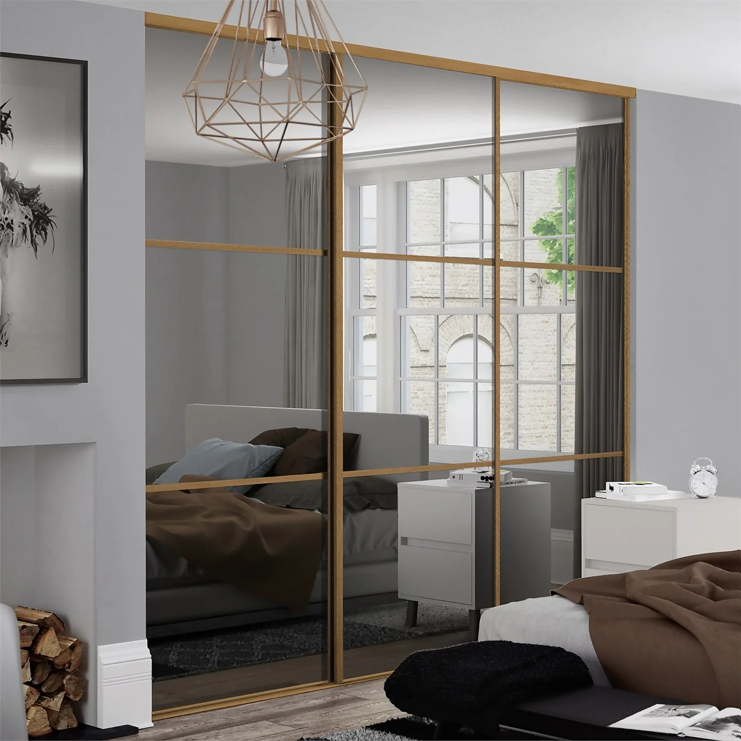 Linear Sliding Wardrobe Door 3 Panel Mirror With Oak Frame (W)914mm - Image 2