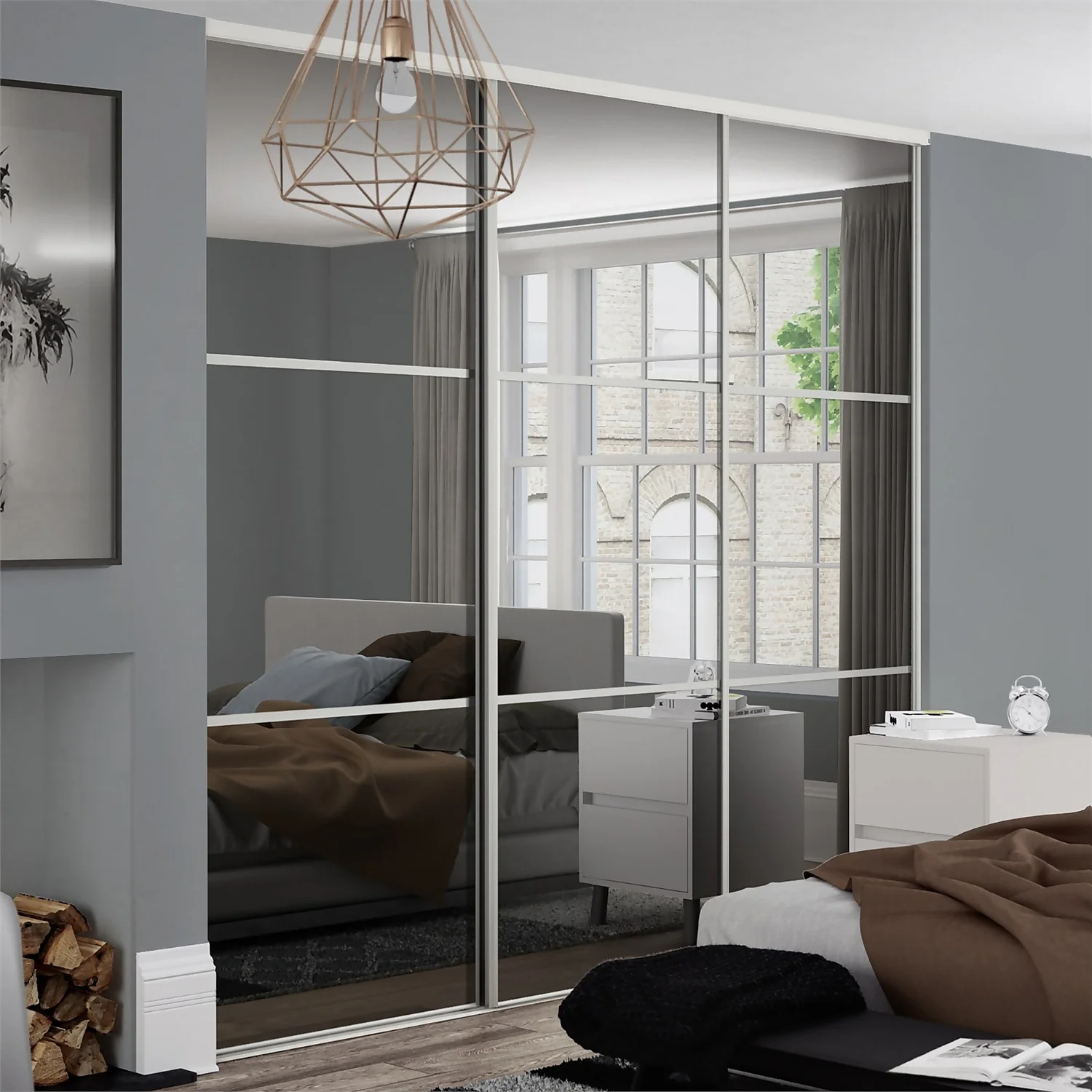 Linear Sliding Wardrobe Door 3 Panel Mirror With White Frame (W)914mm - Image 2