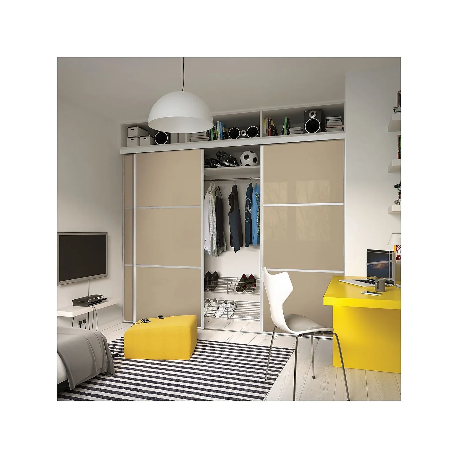 Linear Sliding Wardrobe Door 3 Panel Cream Glass With White Wooden Frame (W)914mm - Image 2