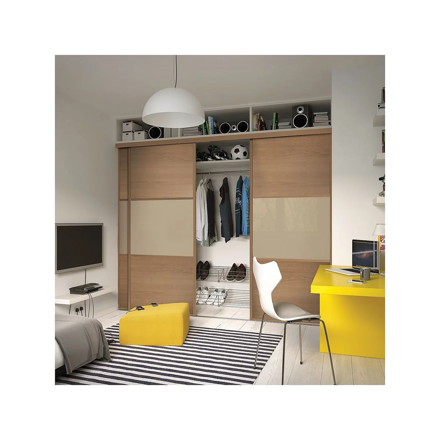 Linear Sliding Wardrobe Door 3 Panel Windsor Oak And Cream Glass With Oak Frame (W)610mm - Image 2