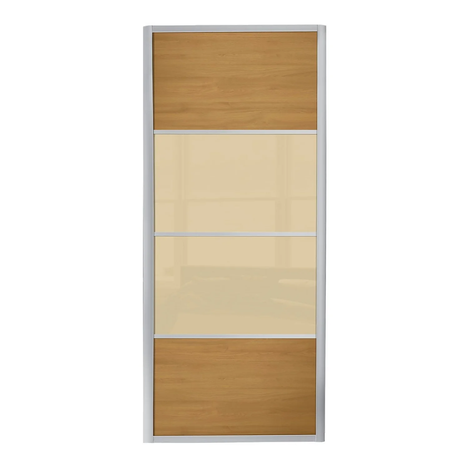 Ellipse Sliding Wardrobe Door 4 Panel Windsor Oak Panel And Cream Glass With Aluminium Frame (W)610mm