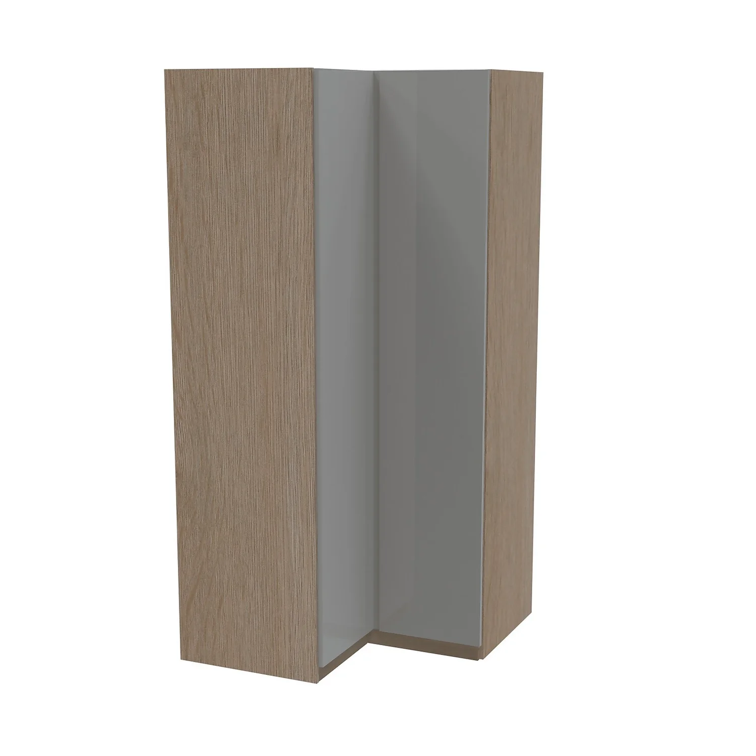 House Beautiful Escape Corner Wardrobe, Oak Effect Carcass - Gloss Grey Handleless Doors (W) 1053mm X (H) 2196mm