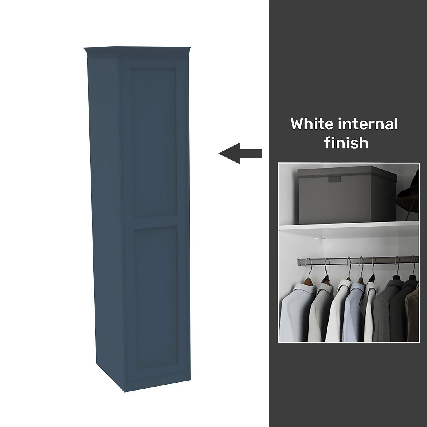 House Beautiful Realm Fitted Look Single Wardrobe, White Carcass - Navy Blue Shaker Door (W) 551mm X (H) 2256mm