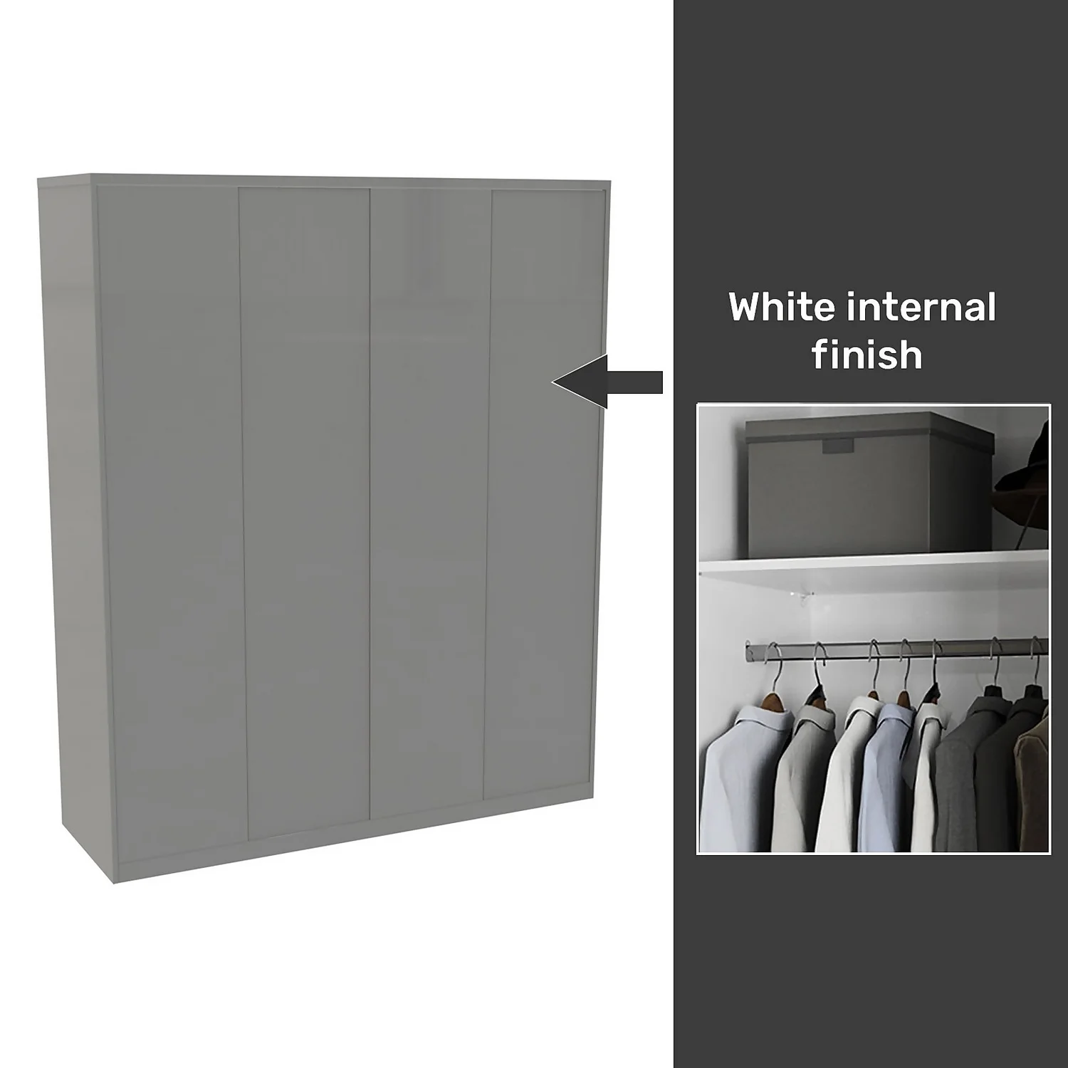 House Beautiful Honest Fitted Look Quad Wardrobe, White Carcass - Gloss Grey Slab Doors (W) 1840mm X (H) 2226mm