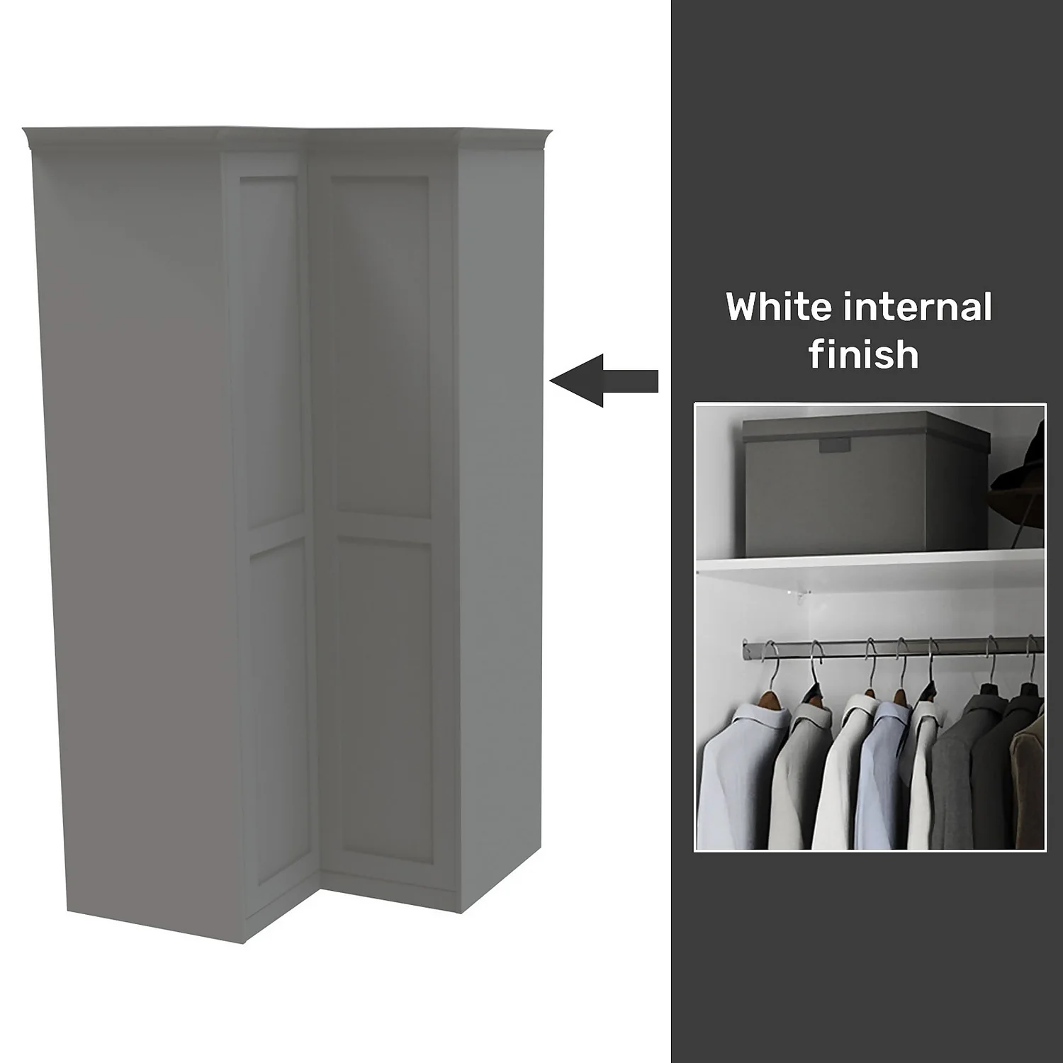 House Beautiful Realm Fitted Look Corner Wardrobe, White Carcass - Grey Shaker Doors (W) 1103mm X (H) 2256mm