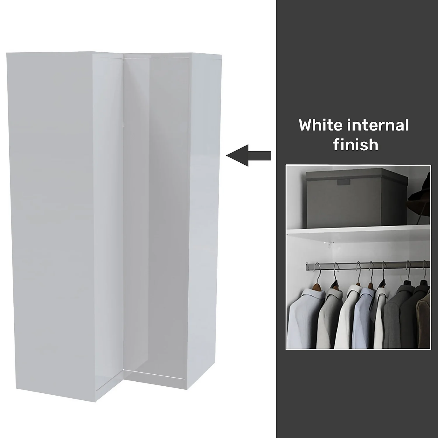 House Beautiful Honest Fitted Look Corner Wardrobe, White Carcass - Gloss White Slab Doors (W) 1073mm X (H) 2226mm