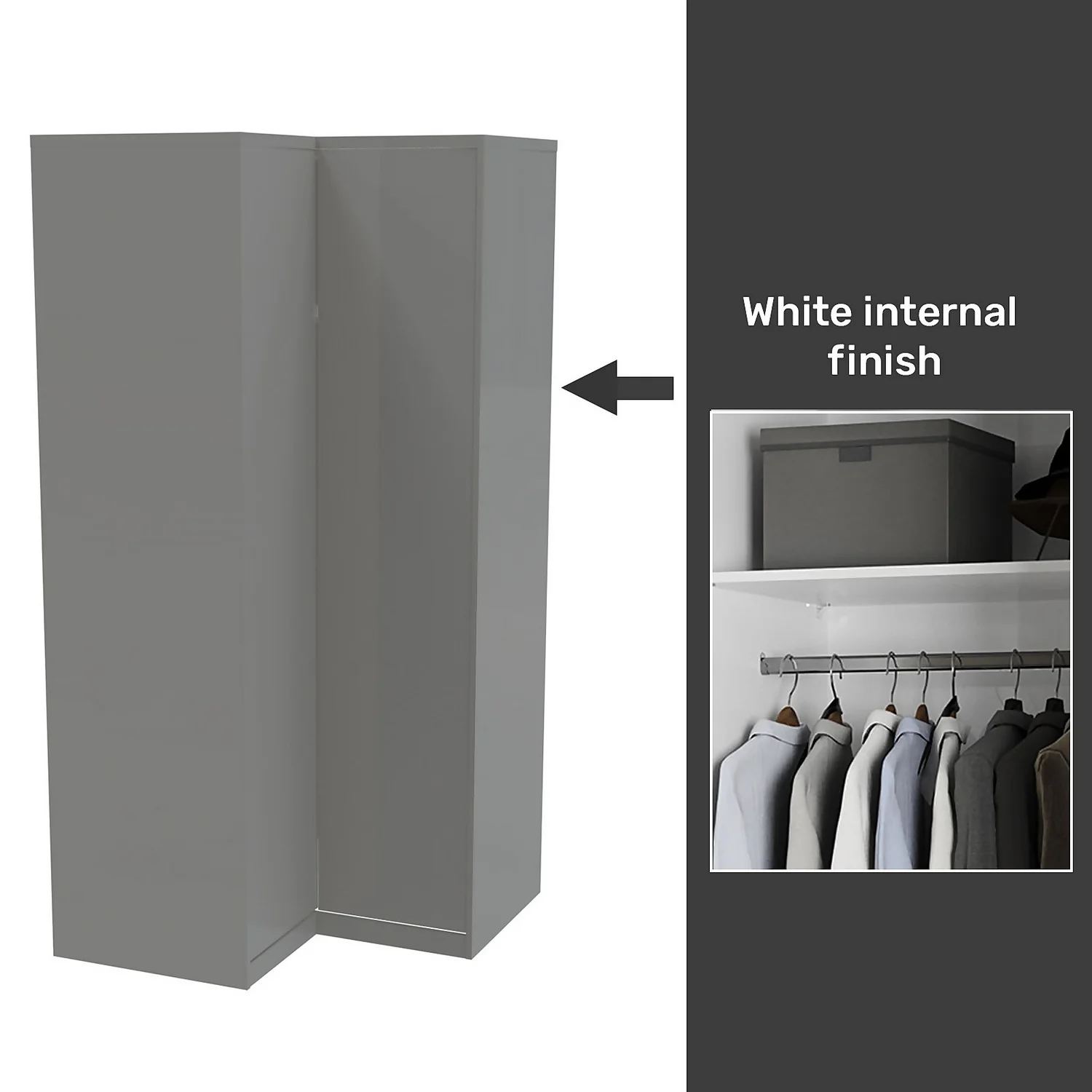 House Beautiful Honest Fitted Look Corner Wardrobe, White Carcass - Gloss Grey Slab Doors (W) 1073mm X (H) 2226mm
