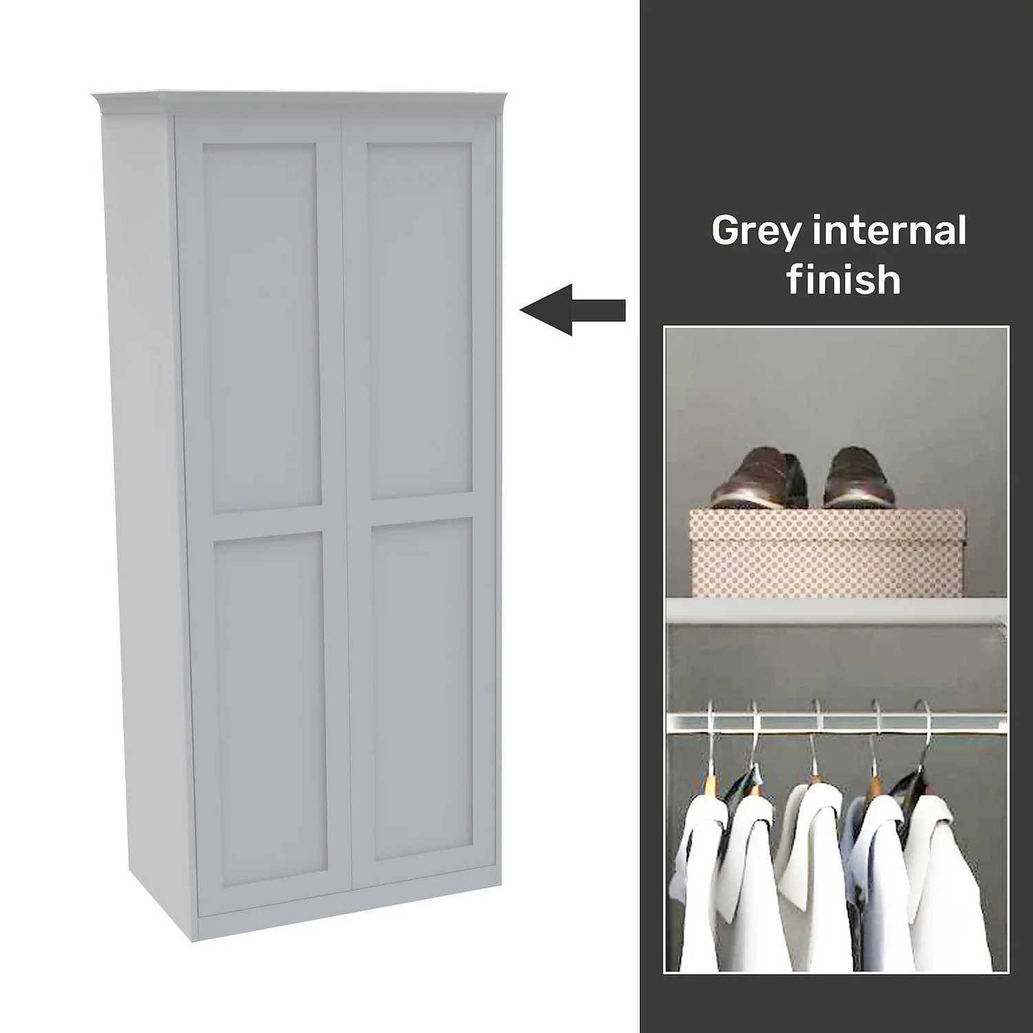 House Beautiful Realm Fitted Look Double Wardrobe, Grey Carcass - White Shaker Doors (W) 1001mm X (H) 2256mm