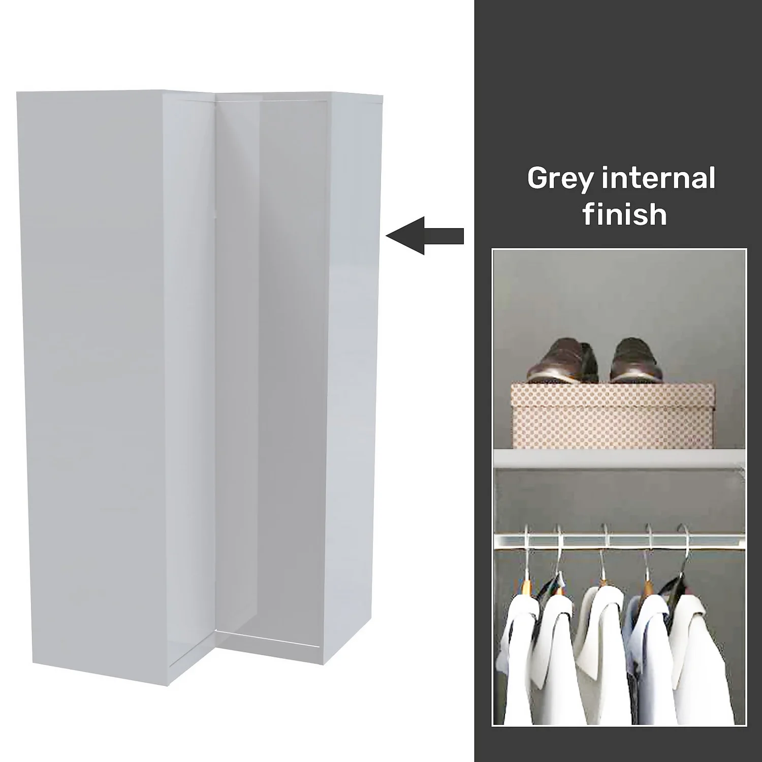 House Beautiful Honest Fitted Look Corner Wardrobe, Grey Carcass - Gloss White Slab Doors (W) 1073mm X (H) 2226mm