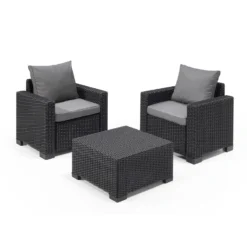 Keter California 2 Seater Outdoor Balcony Garden Furniture Set - Graphite With Grey Cushions