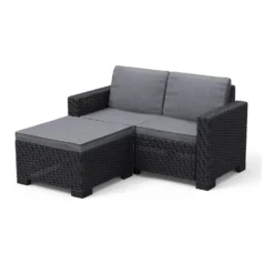 Keter California 2 Seater Outdoor Balcony Garden Furniture Chaise Lounge - Graphite With Grey Cushions