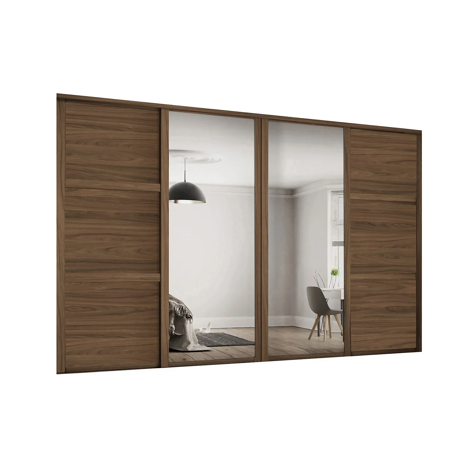 Shaker 4 Door Sliding Wardrobe Kit Walnut Panel / Mirror With Walnut Frame (W)2290 X (H)2260mm