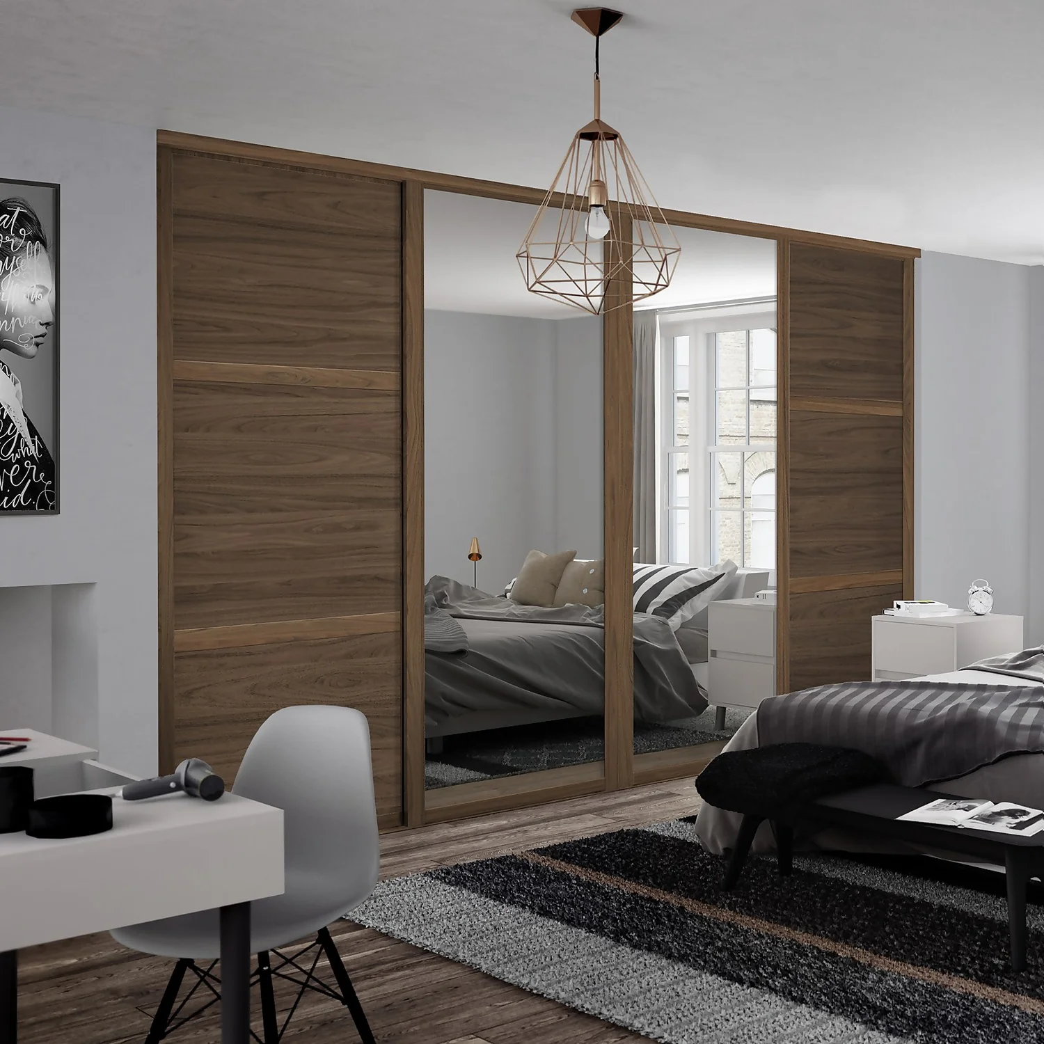 Shaker 4 Door Sliding Wardrobe Kit Walnut Panel / Mirror With Walnut Frame (W)2290 X (H)2260mm - Image 2